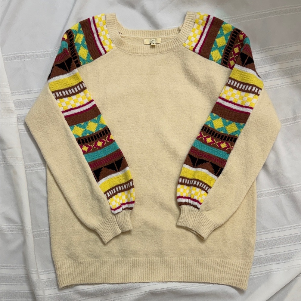 Kori Cream Sweater with Multicolor Patterned Sleeves